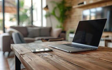 Wooden desk with laptop and mobile phone on top, cozy home interior background, blurred living room in the backdrop. Concept of remote work in the home office space. Focus on the table. 