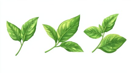 Obraz premium Basil leaves isolated on white background. Set, collection of different position basil green fresh leaves. Healthy eating, aromatic herb, food ingredient, spice for culinary