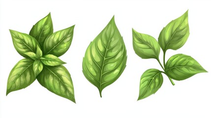 Fototapeta premium Basil leaves isolated on white background. Set, collection of different position basil green fresh leaves. Healthy eating, aromatic herb, food ingredient, spice for culinary