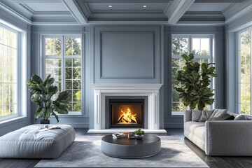 a cozy living room with a fireplace, creating a warm and inviting atmosphere. The room is furnished with a comfortable sofa, stylish ottoman, and decorative plants. Through the windows.