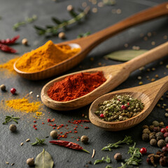 A close-up of wooden spoons filled with vibrant spices.