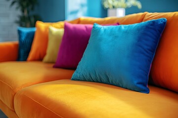 an orange couch with colorful pillows, creating a vibrant and inviting living space