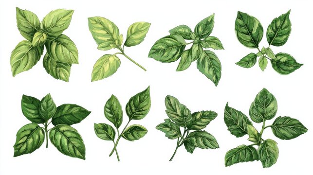 Basil leaves isolated on white background. Set, collection of different position basil green fresh leaves. Healthy eating, aromatic herb, food ingredient, spice for culinary