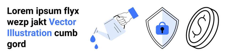 Watering a plant for growth, shield with lock for cybersecurity, money for finance. Ideal for business, security, investment, growth, fintech, innovation flat landing page banner