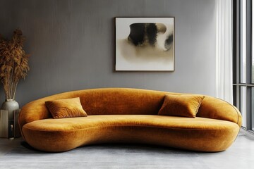 a cozy living room with an orange sofa, decorative artwork, and stylish ambiance. This interior space combines comfort and artistic flair, the sofa is a statement piece
