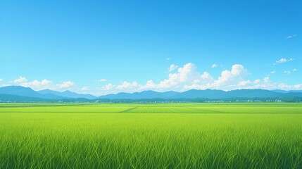 Obraz premium wallpaper background green rice field anime style digital art illustration painting 