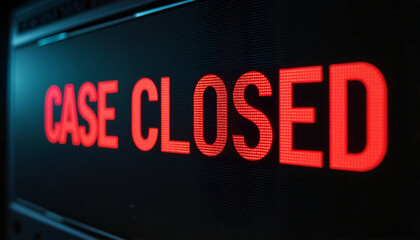 Case closed sign in bright red lettering for blogs, websites, legal and crime-themed designs, educational materials, presentations, and informational graphics