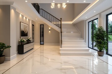 a modern and luxurious house interior with a grand staircase. The space features high ceilings, elegant lighting, and large windows, creating a bright and airy atmosphere