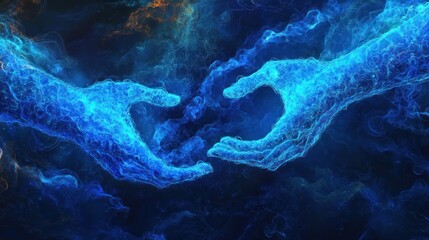 Two ethereal blue hands reaching, connecting in a smoky, dark background.