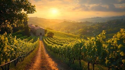 Naklejka premium Winding path through a sun dappled vineyard leading to a charming stone winery