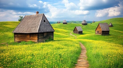 Serene Pastoral Landscape with Wooden Cottages and Blooming Yellow Flowers Under a Blue Sky