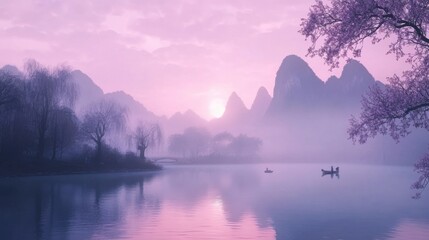 Serene Landscape with Purple Sky and Mountain Reflection at Dusk