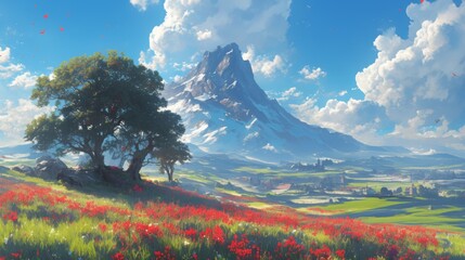mountain view with red flower field 
