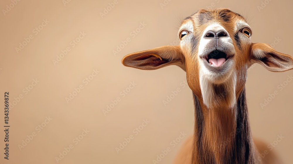 Poster goat is smiling and making a funny face. the goat is looking at the camera and he is happy