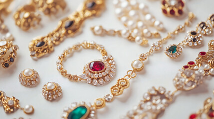 Obraz premium Luxurious Gold Jewellery with Ruby, Emerald, and Pearls