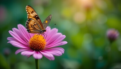 Fototapeta premium Stunning Macro Shot of a Delicate Butterfly Perched on a Blooming Flower in Nature