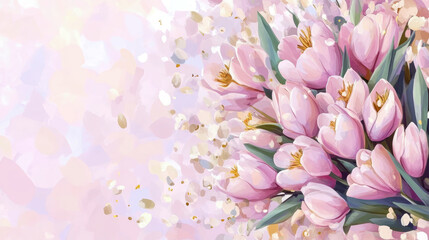 Fototapeta premium Spring Blossom: Watercolor arrangement of pastel pink tulips and soft confetti, perfect for a delicate print or greeting card.