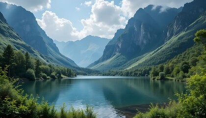  Tranquil Lake Surrounded by Verdant Greenery and Majestic Mountains in a Serene Landscape