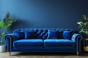 luxurious blue velvet sofa with cushions and plants