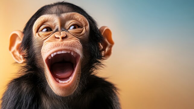 Baby monkey with its mouth wide open and teeth showing. The monkey is smiling and he is happy