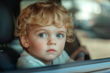 A Cute child looking out of a car window, expressing curiosity and wonder