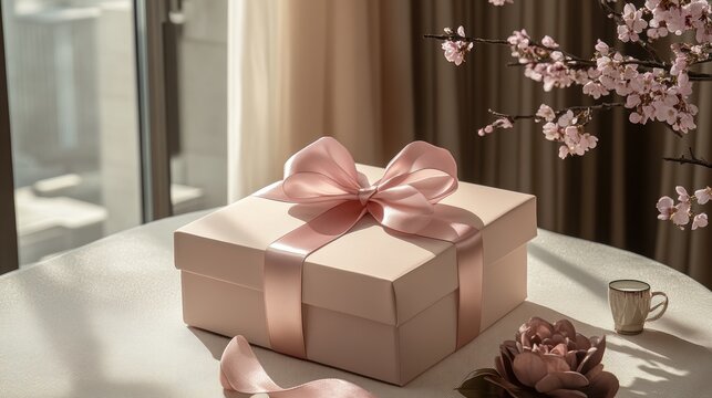 A gift box, adorned with a soft, pink silk ribbon, awaited its special delivery, promising a touch of elegance and warmth.
