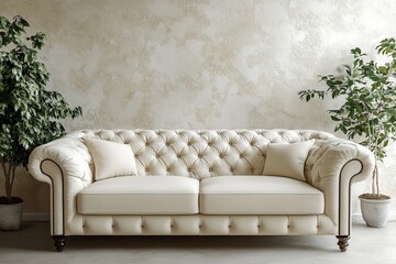 a luxurious, tufted sofa, flanked by potted plants, creates a sense of comfort and elegance