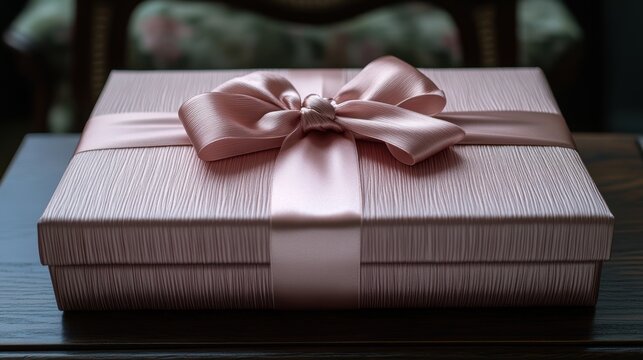 A gift box, adorned with a soft, pink silk ribbon, awaited its special delivery, promising a touch of elegance and warmth.