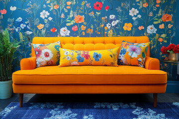 a bright orange sofa adorned with floral pillows, set against a vibrant floral wallpaper and a blue patterned rug.