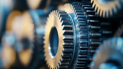 A close-up of a metallic gear system, emphasizing industrial textures.