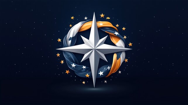 Symbolic star compass wrapped in fabric with NATO-like elements against a dark background