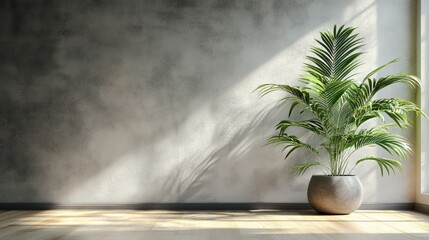 a well-lit indoor space featuring a potted plant near a window, with sunlight creating shadows on the wall
