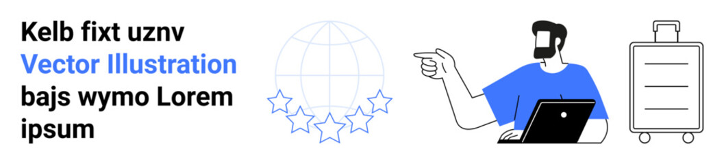 Man gesturing with laptop, globe surrounded by stars, suitcase with handle. Ideal for travel, reviews, customer feedback, technology, remote work, business travel flat landing page banner