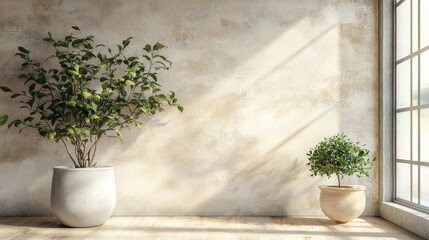 Indoor scene featuring potted plants bathed in natural light and an old wall