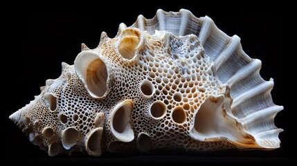 Detailed close up image of an intricate seashell on black background