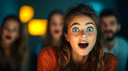 Fototapeta premium Woman with her mouth open is watching something on a screen. She is surrounded by other people who are also watching the same thing. Scene is excited and energetic