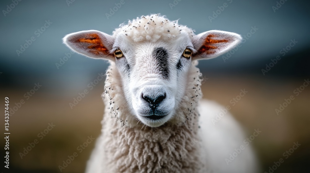 Poster sheep with a black spot on its face is staring at the camera. the sheep's eyes are bright and it has