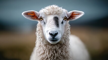 Naklejka premium Sheep with a black spot on its face is staring at the camera. The sheep's eyes are bright and it has a curious expression