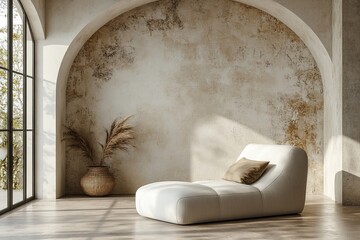 a cozy, sunlit interior with an arched wall, modern chair, and natural decor