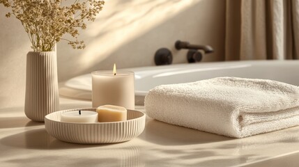 A curated collection of bath accessories, including a fluffy towel, a luxurious soap dish, and a fragrant candle, awaits the indulgence of a relaxing bath ritual.