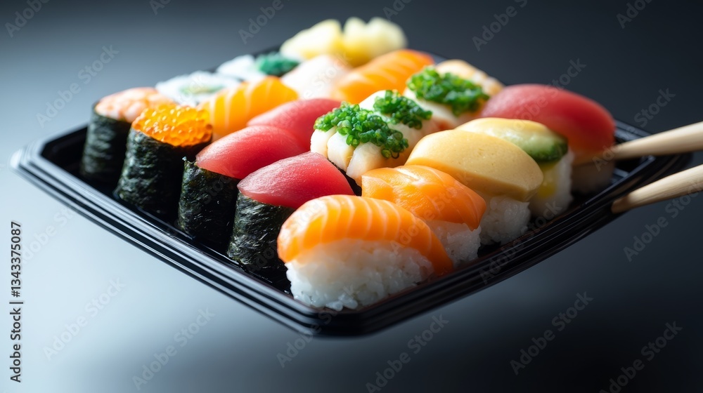 Aufkleber tray of assorted sushi with chopsticks in hand. the sushi is colorful and appetizing. scene is invit