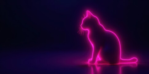 Silhouette of cat, neon pink outline, dark background, glow, effect
