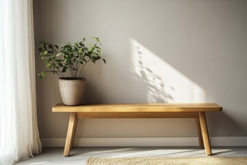 a wooden bench with a potted plant next to a sheer curtain, the room is filled with sunlight and shadows