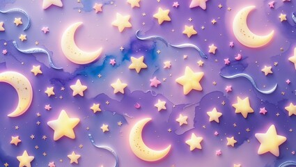 Naklejka premium Crescent moons and glowing stars on purple watercolor sky