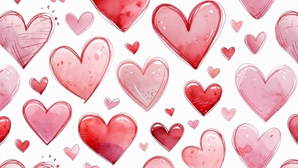 Red and pink watercolor hearts on white background