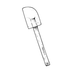 Vector Silicone kitchen spatula. Graphic ink wood kitchen tool illustration isolated on background. Hand drawn line sketch. For designers, prints, logo, icon, menu, postcards, holiday, covers