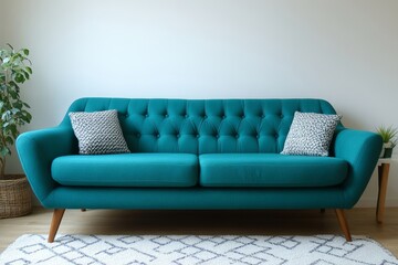 a modern teal sofa with decorative pillows in a stylish living room setting