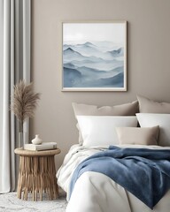 Serene Bedroom Interior with Mountain Art and Neutral Color Palette