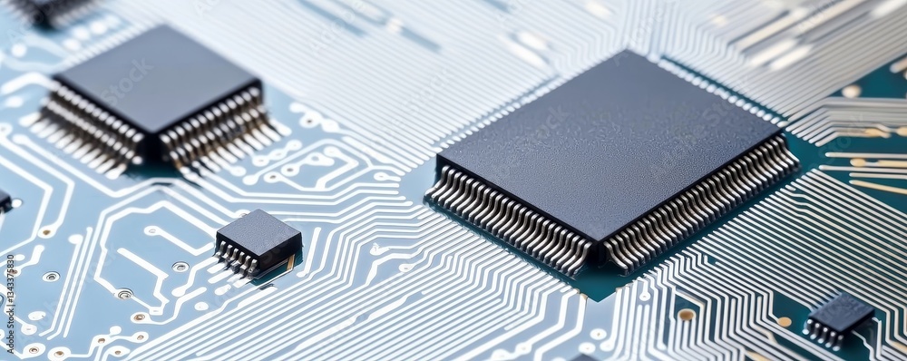 Poster a close-up view of a circuit board featuring microchips and intricate pathways, illustrating advance