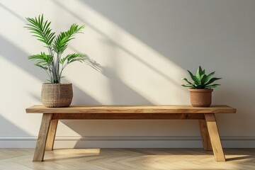 a wooden bench with potted plants in natural light